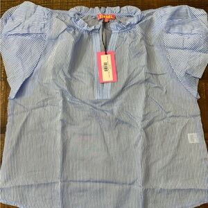 THML Blue and White Striped Top with Ruffled Neckline NWT